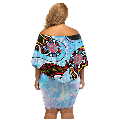 Australia Opal Off Shoulder Short Dress Aussie Kangaroo Aboriginal Art