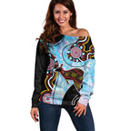 Australia Opal Off Shoulder Sweater Aussie Kangaroo Aboriginal Art