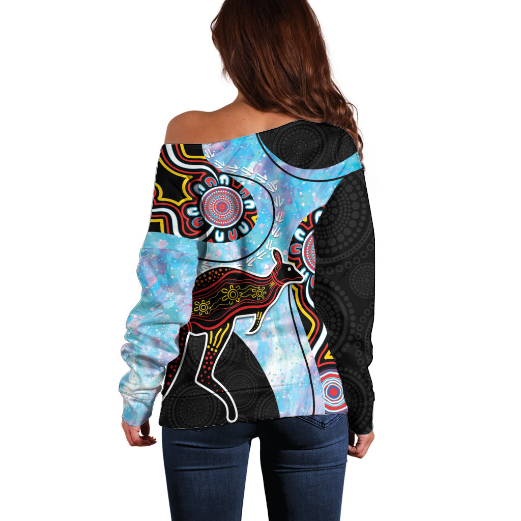 Australia Opal Off Shoulder Sweater Aussie Kangaroo Aboriginal Art