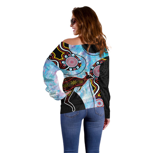 Australia Opal Off Shoulder Sweater Aussie Kangaroo Aboriginal Art