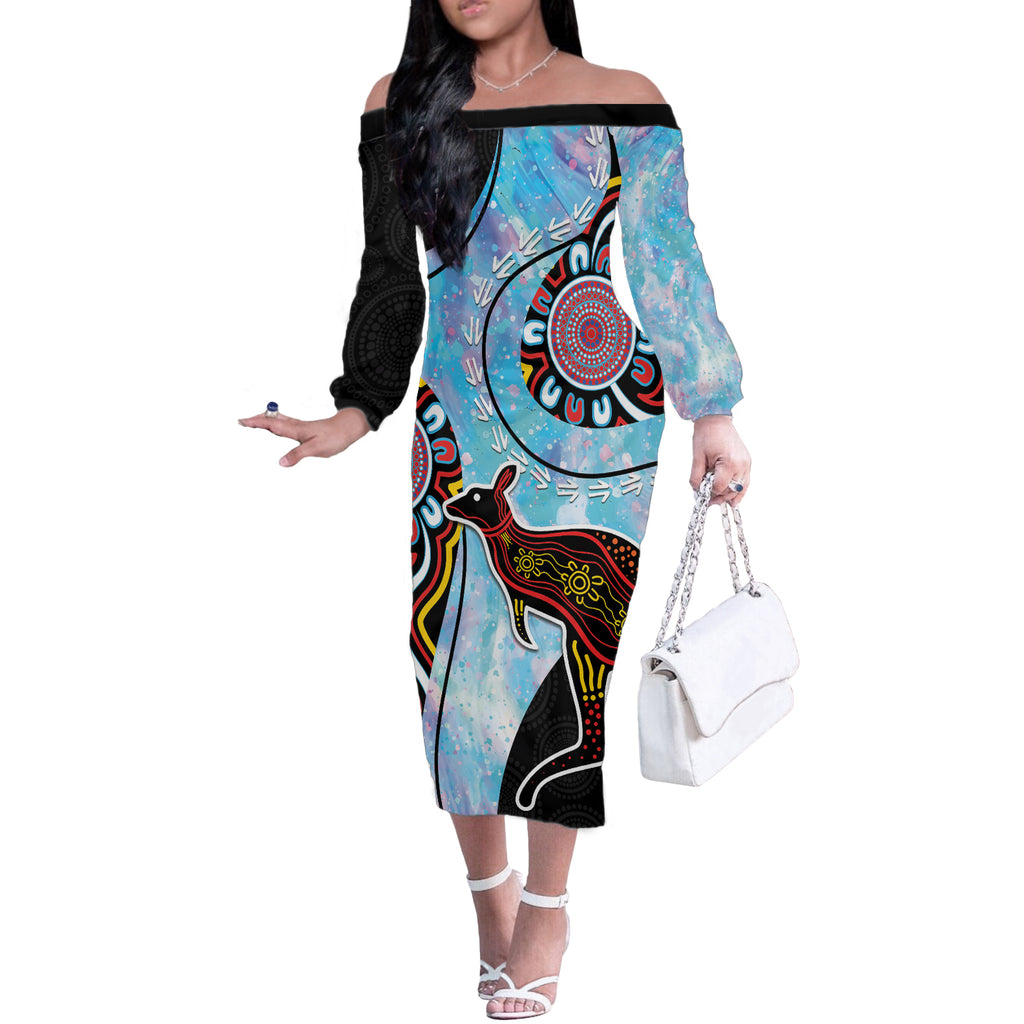 Australia Opal Off The Shoulder Long Sleeve Dress Aussie Kangaroo Aboriginal Art