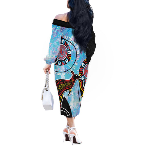 Australia Opal Off The Shoulder Long Sleeve Dress Aussie Kangaroo Aboriginal Art