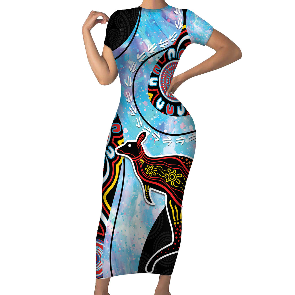 Australia Opal Short Sleeve Bodycon Dress Aussie Kangaroo Aboriginal Art