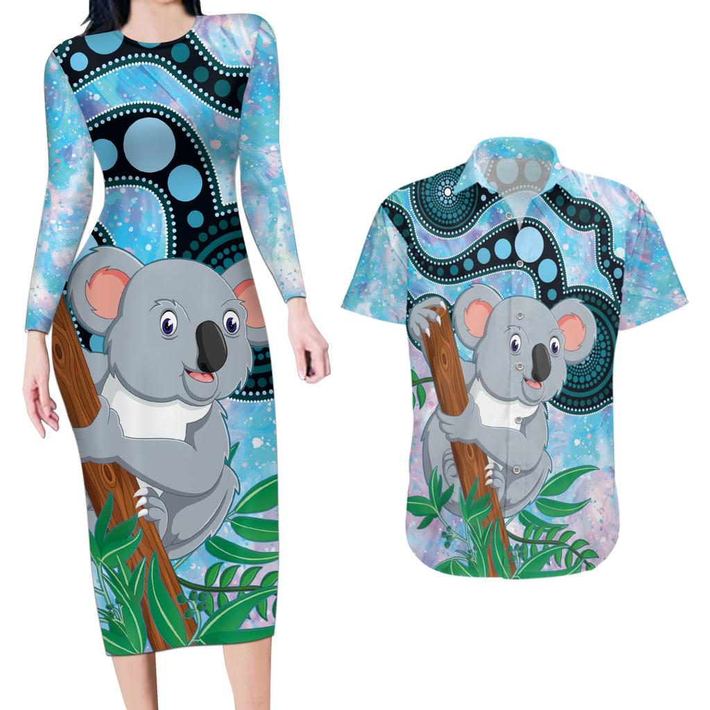Australia Opal Koala Couples Matching Long Sleeve Bodycon Dress and Hawaiian Shirt Aussie Aboriginal Art