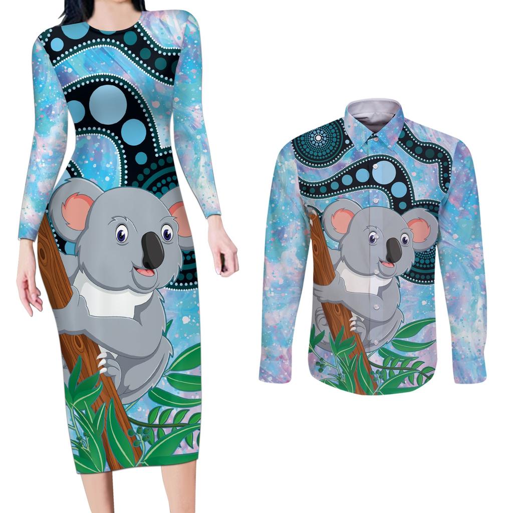 Australia Opal Koala Couples Matching Long Sleeve Bodycon Dress and Long Sleeve Button Shirt Aussie Aboriginal Art