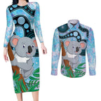 Australia Opal Koala Couples Matching Long Sleeve Bodycon Dress and Long Sleeve Button Shirt Aussie Aboriginal Art