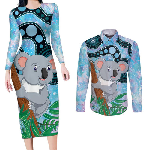 Australia Opal Koala Couples Matching Long Sleeve Bodycon Dress and Long Sleeve Button Shirt Aussie Aboriginal Art