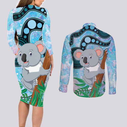 Australia Opal Koala Couples Matching Long Sleeve Bodycon Dress and Long Sleeve Button Shirt Aussie Aboriginal Art