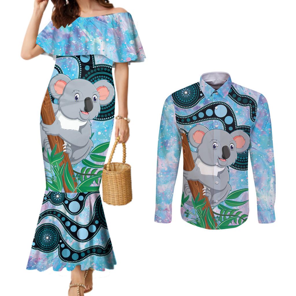 Australia Opal Koala Couples Matching Mermaid Dress and Long Sleeve Button Shirt Aussie Aboriginal Art