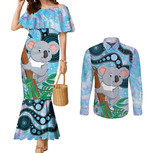 Australia Opal Koala Couples Matching Mermaid Dress and Long Sleeve Button Shirt Aussie Aboriginal Art