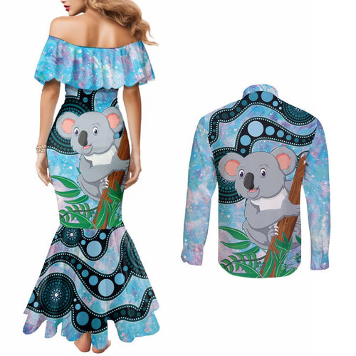 Australia Opal Koala Couples Matching Mermaid Dress and Long Sleeve Button Shirt Aussie Aboriginal Art