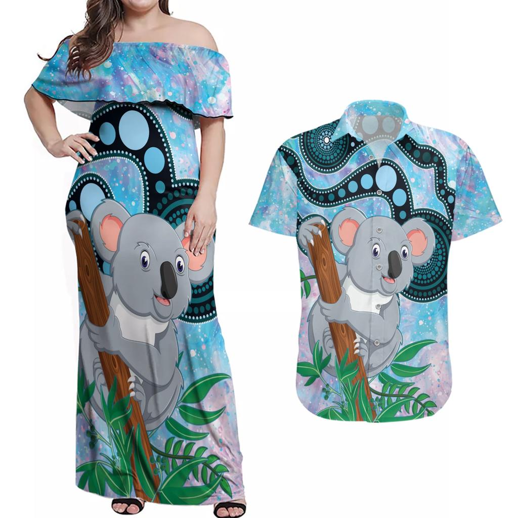 Australia Opal Koala Couples Matching Off Shoulder Maxi Dress and Hawaiian Shirt Aussie Aboriginal Art