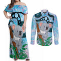 Australia Opal Koala Couples Matching Off Shoulder Maxi Dress and Long Sleeve Button Shirt Aussie Aboriginal Art