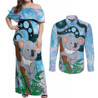 Australia Opal Koala Couples Matching Off Shoulder Maxi Dress and Long Sleeve Button Shirt Aussie Aboriginal Art