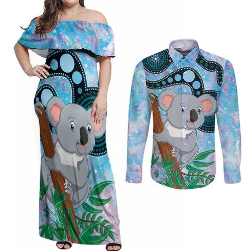 Australia Opal Koala Couples Matching Off Shoulder Maxi Dress and Long Sleeve Button Shirt Aussie Aboriginal Art