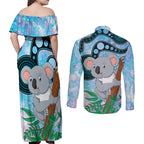 Australia Opal Koala Couples Matching Off Shoulder Maxi Dress and Long Sleeve Button Shirt Aussie Aboriginal Art