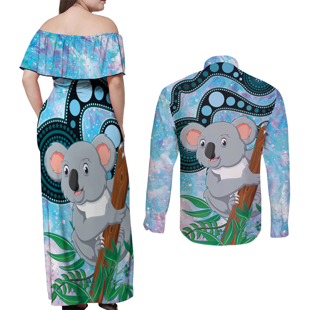 Australia Opal Koala Couples Matching Off Shoulder Maxi Dress and Long Sleeve Button Shirt Aussie Aboriginal Art