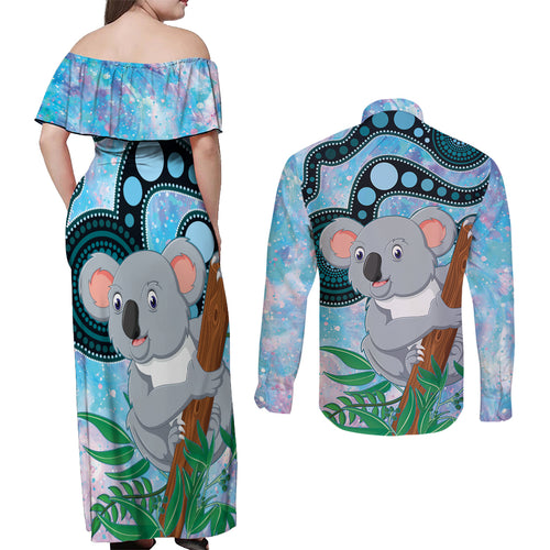Australia Opal Koala Couples Matching Off Shoulder Maxi Dress and Long Sleeve Button Shirt Aussie Aboriginal Art