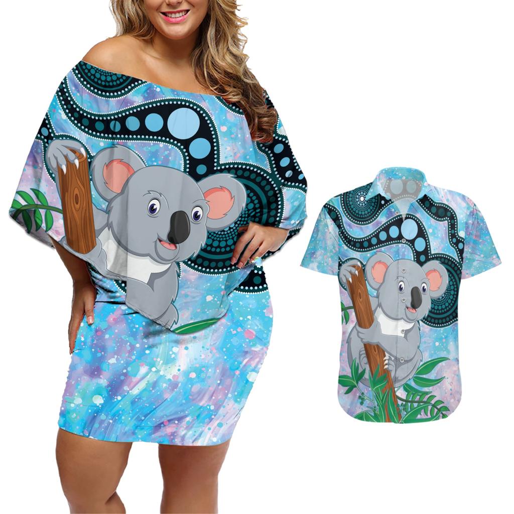 Australia Opal Koala Couples Matching Off Shoulder Short Dress and Hawaiian Shirt Aussie Aboriginal Art