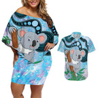Australia Opal Koala Couples Matching Off Shoulder Short Dress and Hawaiian Shirt Aussie Aboriginal Art