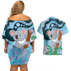 Australia Opal Koala Couples Matching Off Shoulder Short Dress and Hawaiian Shirt Aussie Aboriginal Art