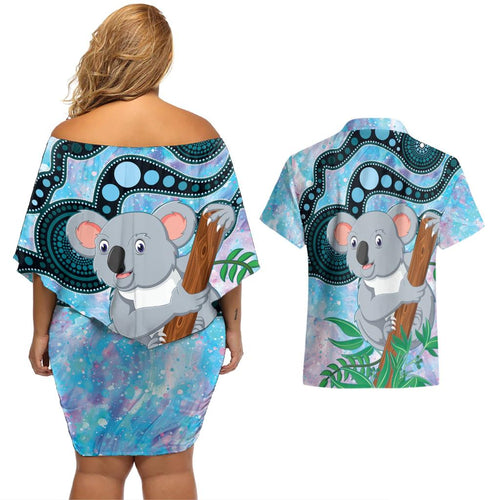 Australia Opal Koala Couples Matching Off Shoulder Short Dress and Hawaiian Shirt Aussie Aboriginal Art