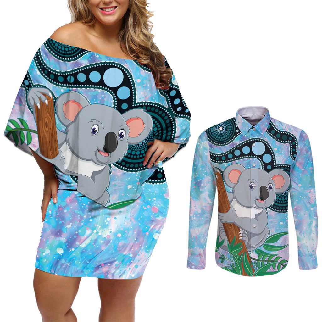 Australia Opal Koala Couples Matching Off Shoulder Short Dress and Long Sleeve Button Shirt Aussie Aboriginal Art