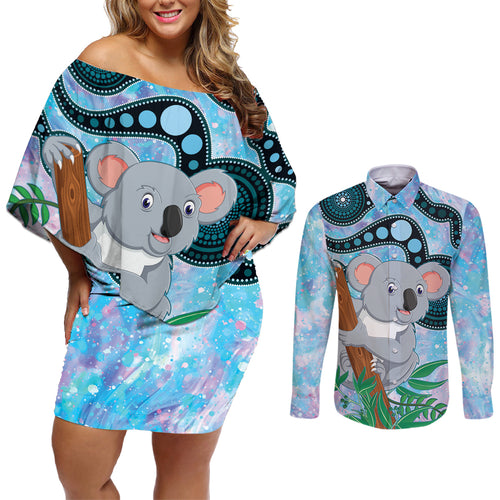 Australia Opal Koala Couples Matching Off Shoulder Short Dress and Long Sleeve Button Shirt Aussie Aboriginal Art