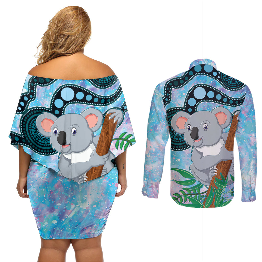Australia Opal Koala Couples Matching Off Shoulder Short Dress and Long Sleeve Button Shirt Aussie Aboriginal Art