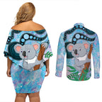 Australia Opal Koala Couples Matching Off Shoulder Short Dress and Long Sleeve Button Shirt Aussie Aboriginal Art
