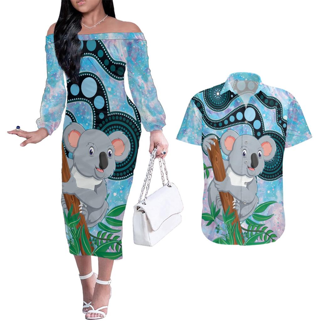Australia Opal Koala Couples Matching Off The Shoulder Long Sleeve Dress and Hawaiian Shirt Aussie Aboriginal Art