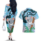 Australia Opal Koala Couples Matching Off The Shoulder Long Sleeve Dress and Hawaiian Shirt Aussie Aboriginal Art