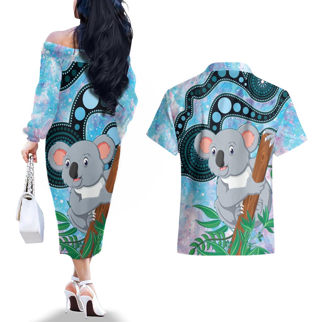 Australia Opal Koala Couples Matching Off The Shoulder Long Sleeve Dress and Hawaiian Shirt Aussie Aboriginal Art