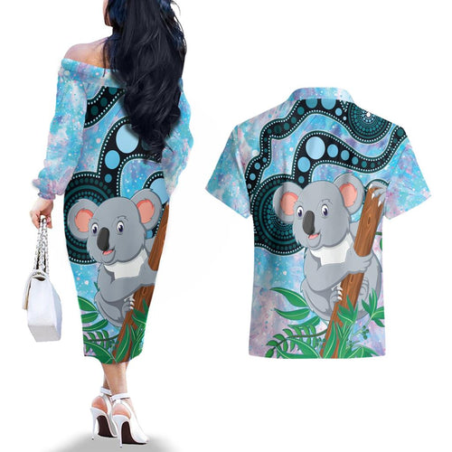 Australia Opal Koala Couples Matching Off The Shoulder Long Sleeve Dress and Hawaiian Shirt Aussie Aboriginal Art