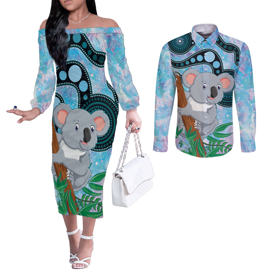 Australia Opal Koala Couples Matching Off The Shoulder Long Sleeve Dress and Long Sleeve Button Shirt Aussie Aboriginal Art