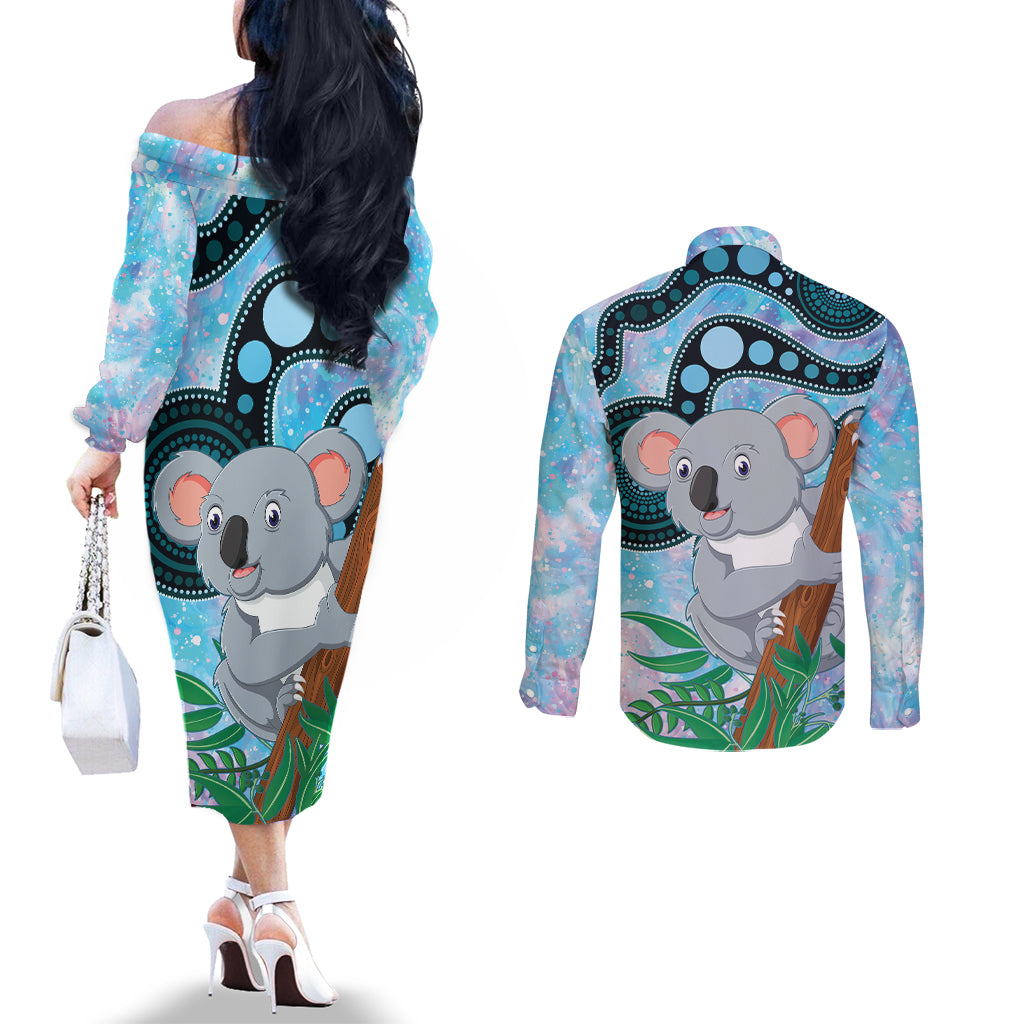 Australia Opal Koala Couples Matching Off The Shoulder Long Sleeve Dress and Long Sleeve Button Shirt Aussie Aboriginal Art