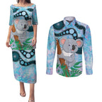 Australia Opal Koala Couples Matching Puletasi and Long Sleeve Button Shirt Aussie Aboriginal Art