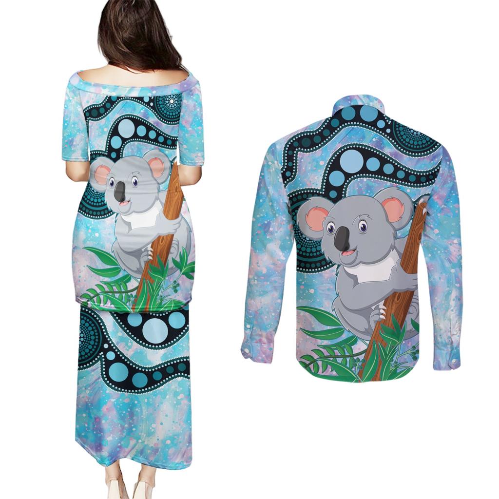 Australia Opal Koala Couples Matching Puletasi and Long Sleeve Button Shirt Aussie Aboriginal Art