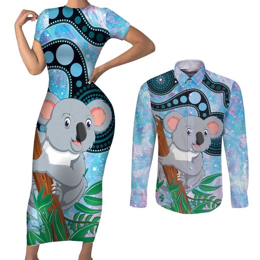Australia Opal Koala Couples Matching Short Sleeve Bodycon Dress and Long Sleeve Button Shirt Aussie Aboriginal Art
