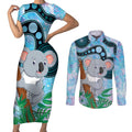 Australia Opal Koala Couples Matching Short Sleeve Bodycon Dress and Long Sleeve Button Shirt Aussie Aboriginal Art