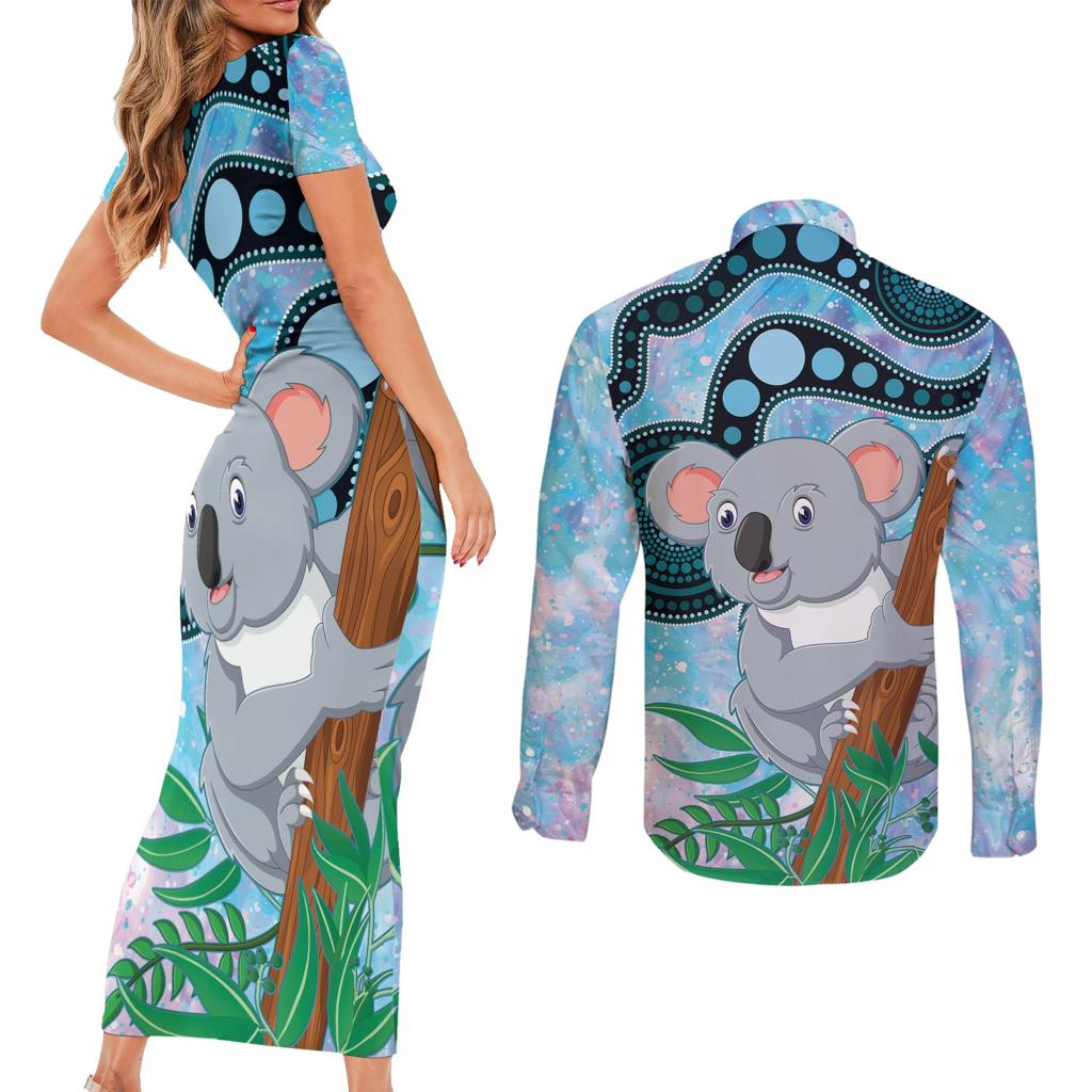 Australia Opal Koala Couples Matching Short Sleeve Bodycon Dress and Long Sleeve Button Shirt Aussie Aboriginal Art