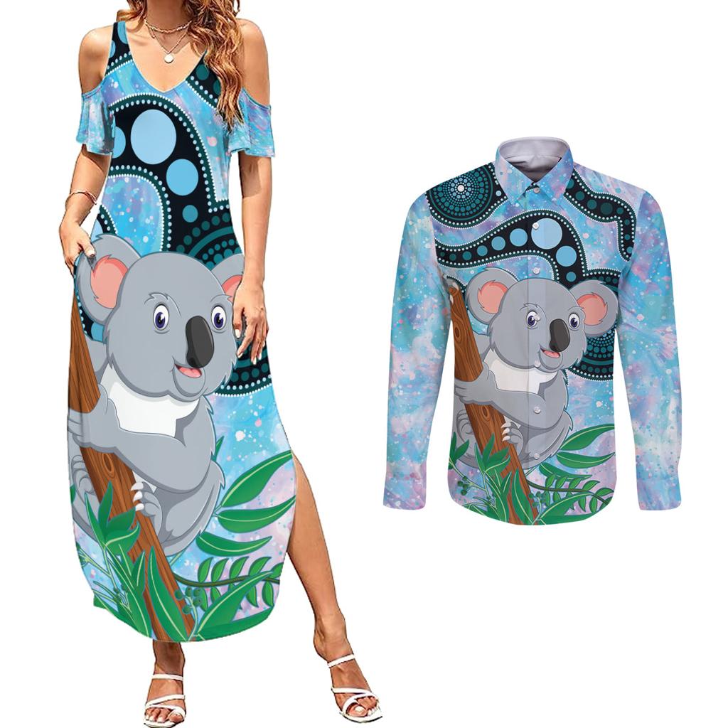 Australia Opal Koala Couples Matching Summer Maxi Dress and Long Sleeve Button Shirt Aussie Aboriginal Art