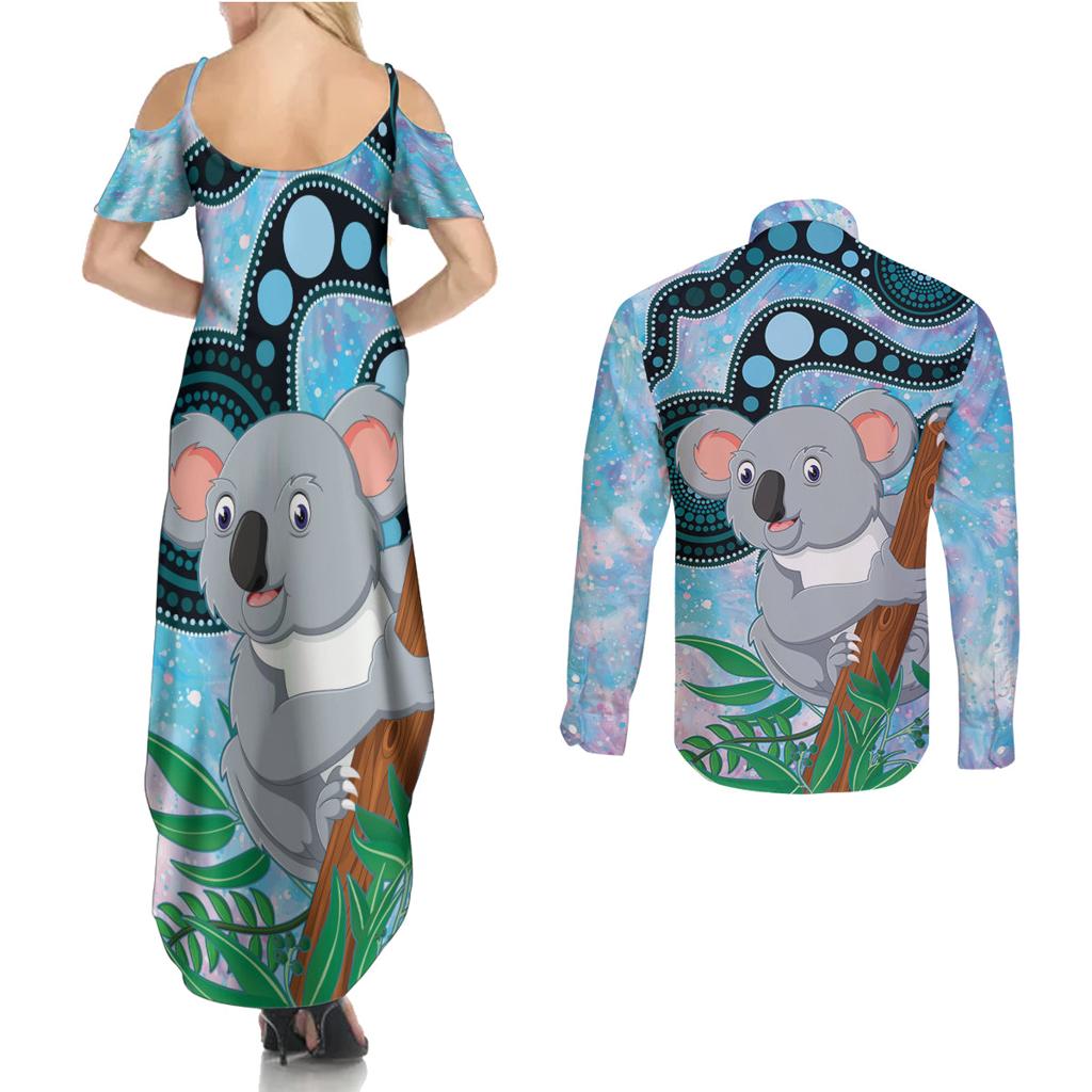 Australia Opal Koala Couples Matching Summer Maxi Dress and Long Sleeve Button Shirt Aussie Aboriginal Art
