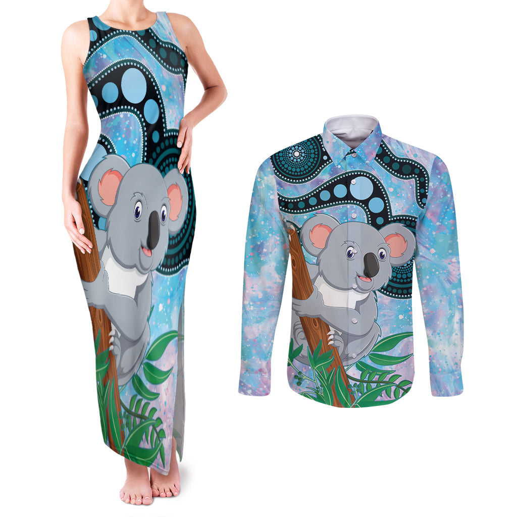 Australia Opal Koala Couples Matching Tank Maxi Dress and Long Sleeve Button Shirt Aussie Aboriginal Art