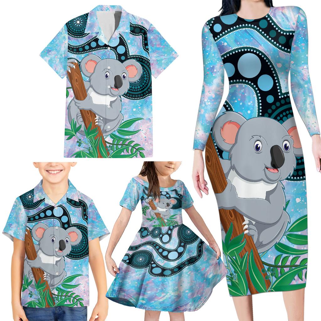 Australia Opal Koala Family Matching Long Sleeve Bodycon Dress and Hawaiian Shirt Aussie Aboriginal Art