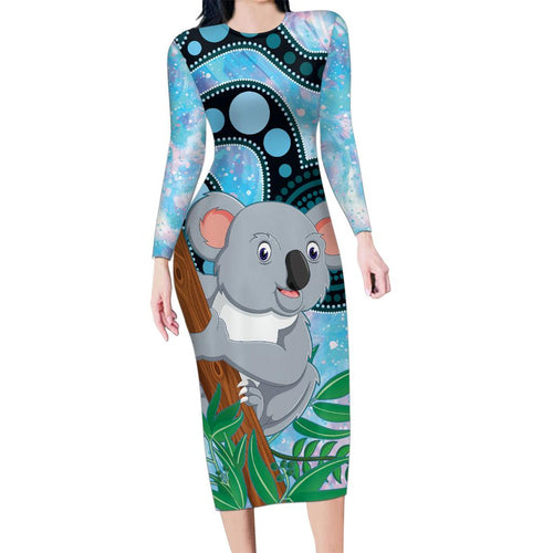 Australia Opal Koala Family Matching Long Sleeve Bodycon Dress and Hawaiian Shirt Aussie Aboriginal Art