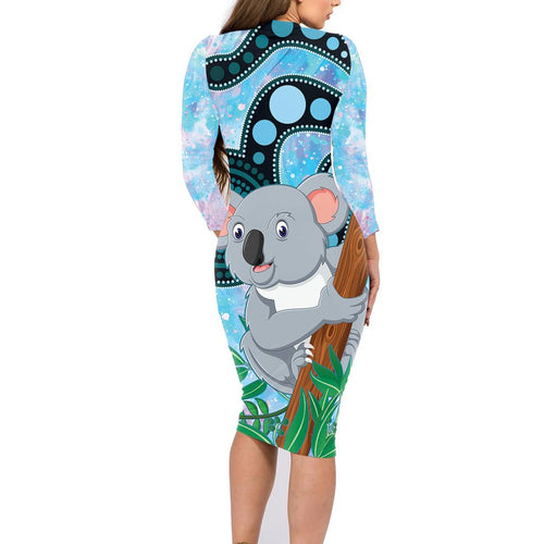 Australia Opal Koala Family Matching Long Sleeve Bodycon Dress and Hawaiian Shirt Aussie Aboriginal Art