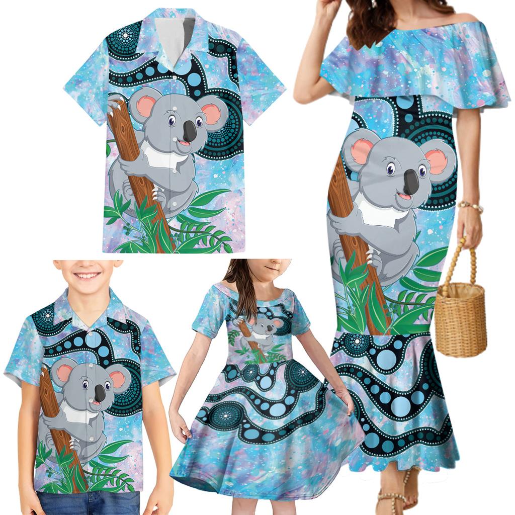 Australia Opal Koala Family Matching Mermaid Dress and Hawaiian Shirt Aussie Aboriginal Art