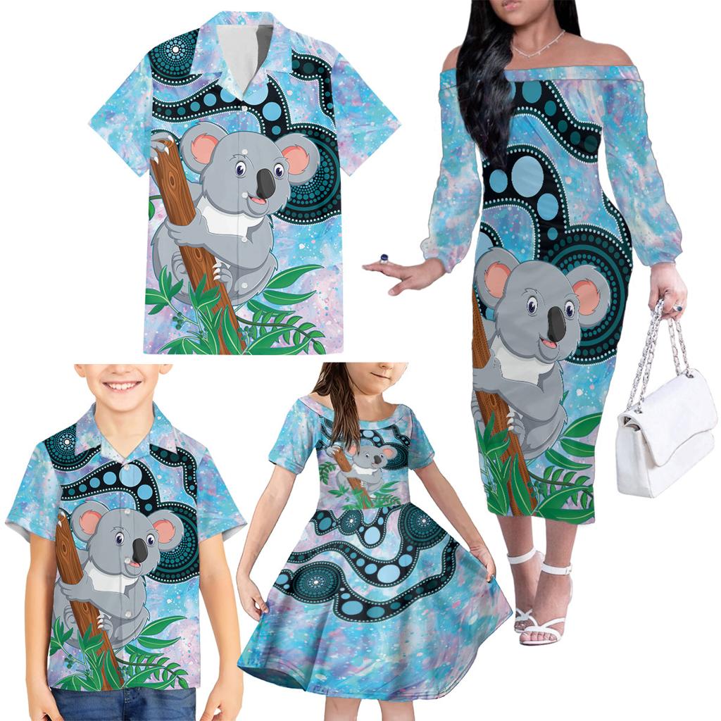 Australia Opal Koala Family Matching Off Shoulder Long Sleeve Dress and Hawaiian Shirt Aussie Aboriginal Art