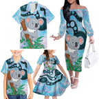 Australia Opal Koala Family Matching Off Shoulder Long Sleeve Dress and Hawaiian Shirt Aussie Aboriginal Art